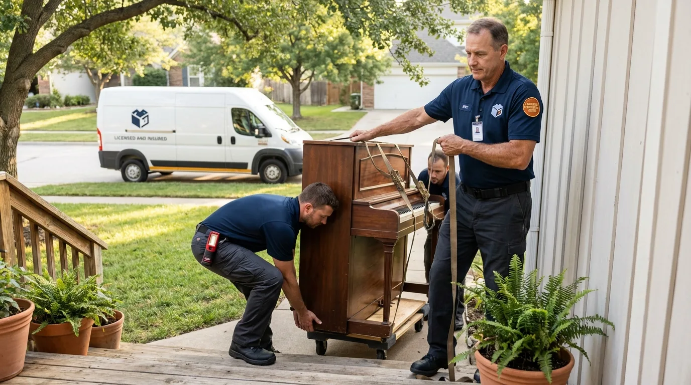 Licensed piano movers securing grand piano in Milton, PA