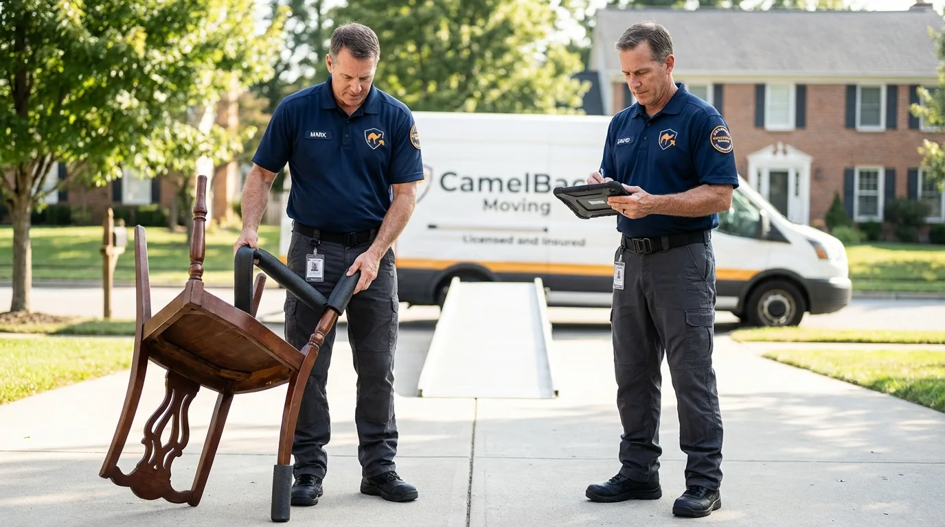 Movers inspecting furniture for damage prevention before loading in Milton, PA