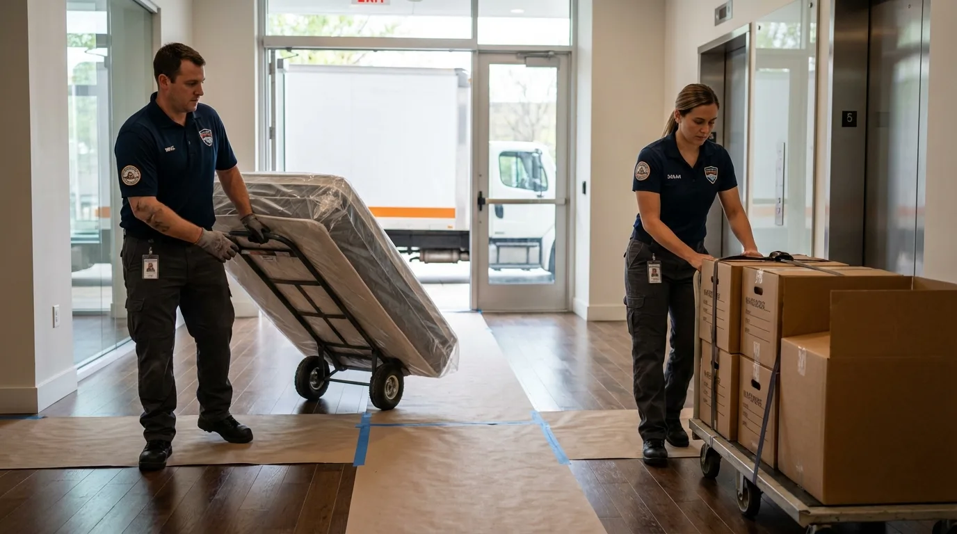Professional apartment movers loading elevator in Milton, PA