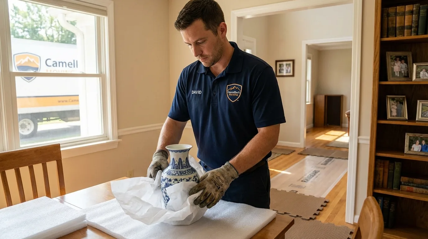 Professional crew carefully wrapping antique vase for senior downsizing move in Milton, PA